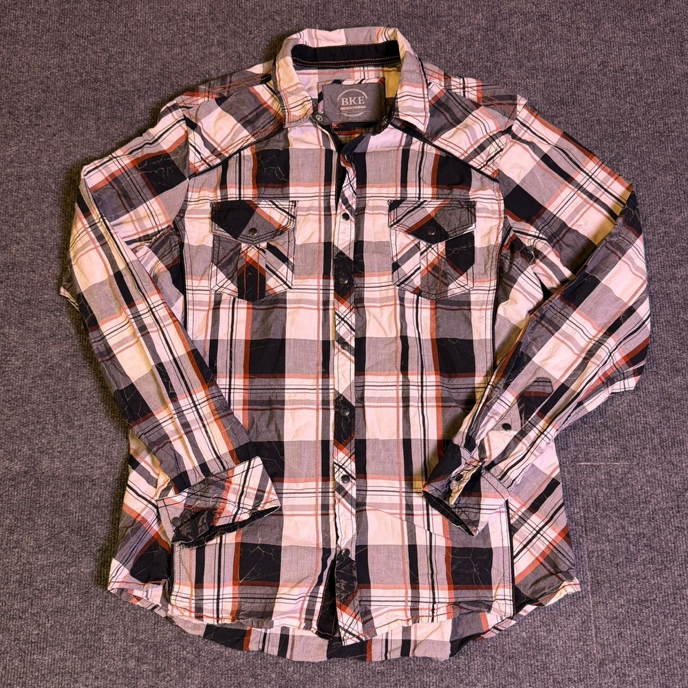 BKE Mens Standard Fit Plaid Button Down Shirt Orange Black White Large B2214